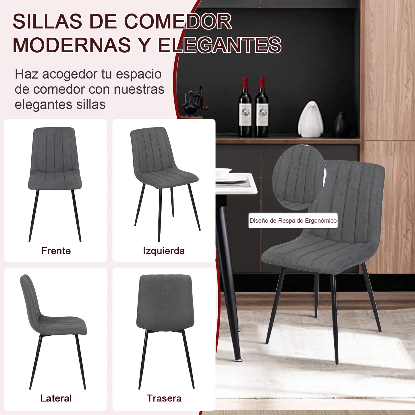 Juego de 4 Sillas para Comedor, Asiento Tapizado con Respaldo, Pies Estables de Metal, Diseño Elegante para Cocina y Dormitorio, Gris