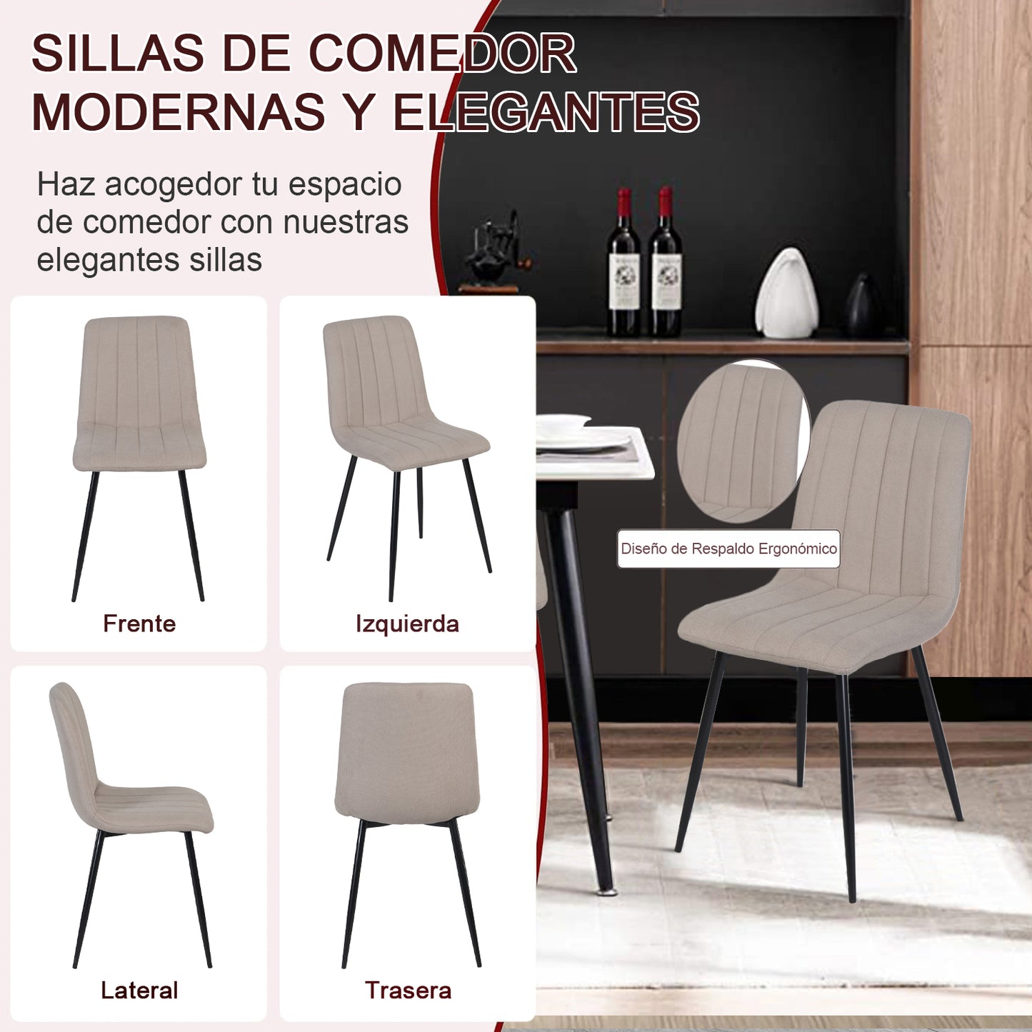 Juego de 4 Sillas para Comedor, Asiento Tapizado con Respaldo, Pies Estables de Metal, Diseño Elegante para Cocina y Dormitorio, Beige