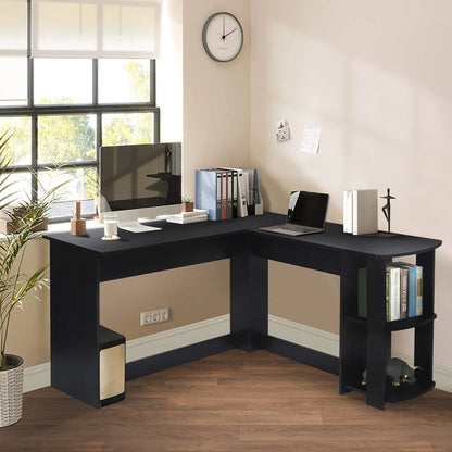 HOMEMAKE FURNITURE Escritorio en Forma de L con Estante Abierto Tablero Grande Mesa de Juegos Mesa para Computadora Adecuado para Oficina Estudio, Negro