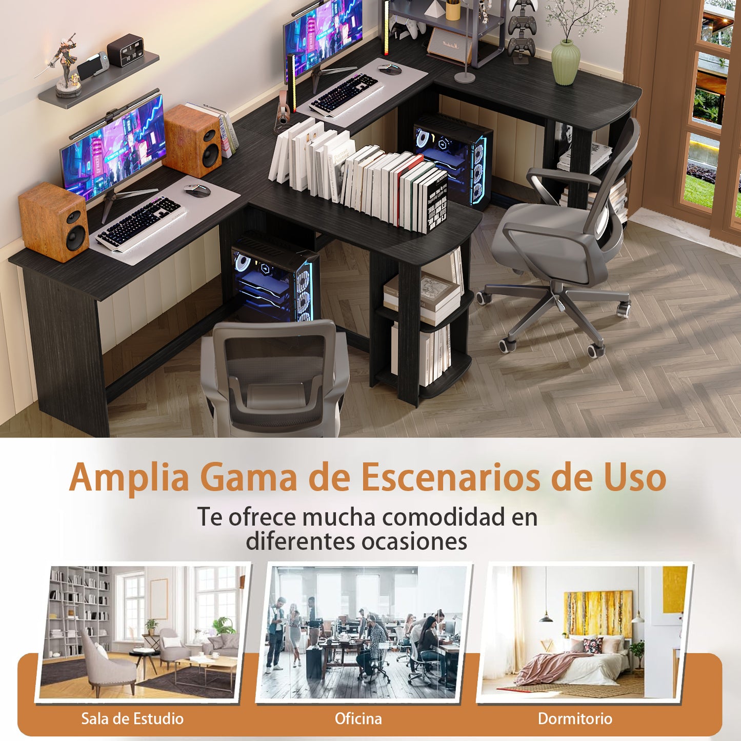 HOMEMAKE FURNITURE Escritorio en Forma de L con Estante Abierto Tablero Grande Mesa de Juegos Mesa para Computadora Adecuado para Oficina Estudio, Negro