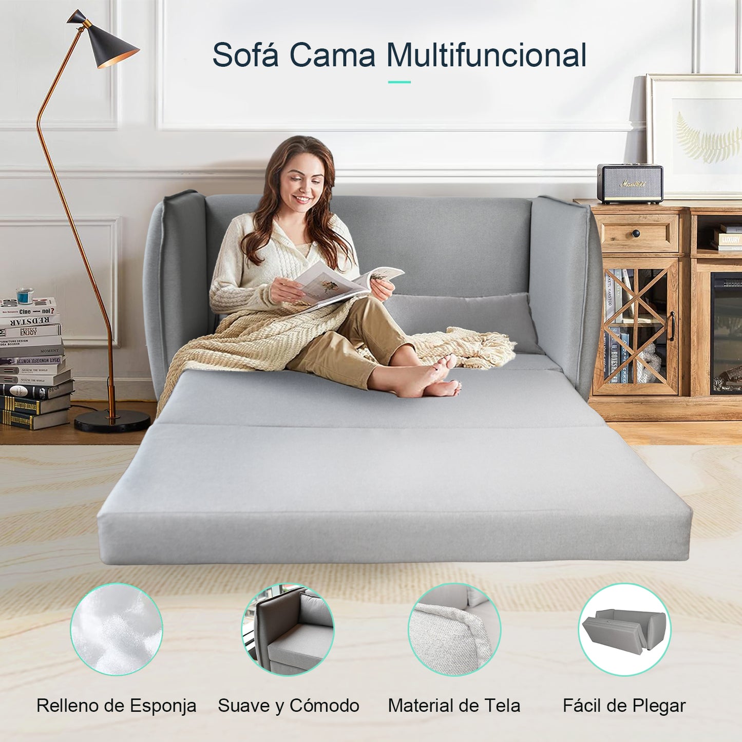 Moderno Sofá Cama Multifuncional con Cojines Adecuado para Espacios Pequeños (Gris)