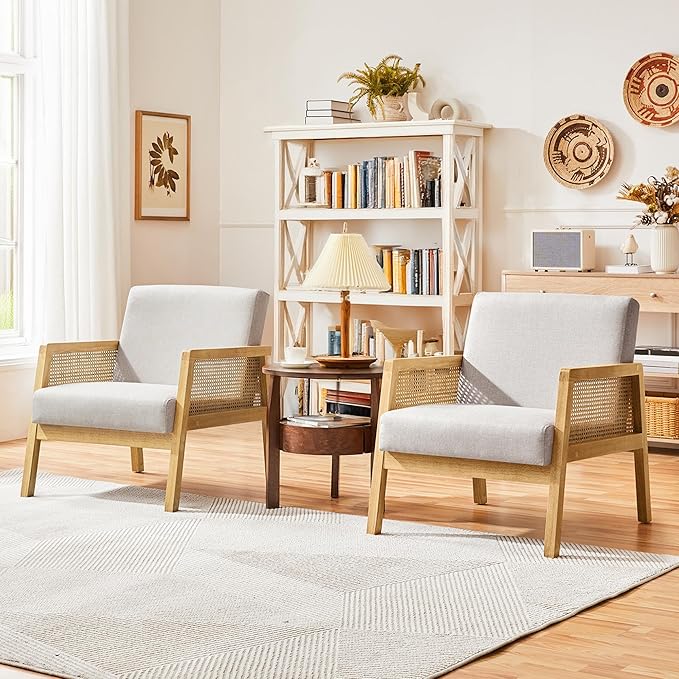 Silla Decorativa Malla de Ratán Sillón Individual Moderno Marco de Madera Cojín Cómodo y Extragrueso con Almohadillas para los pies para Sala de Estar Recámara, Beige