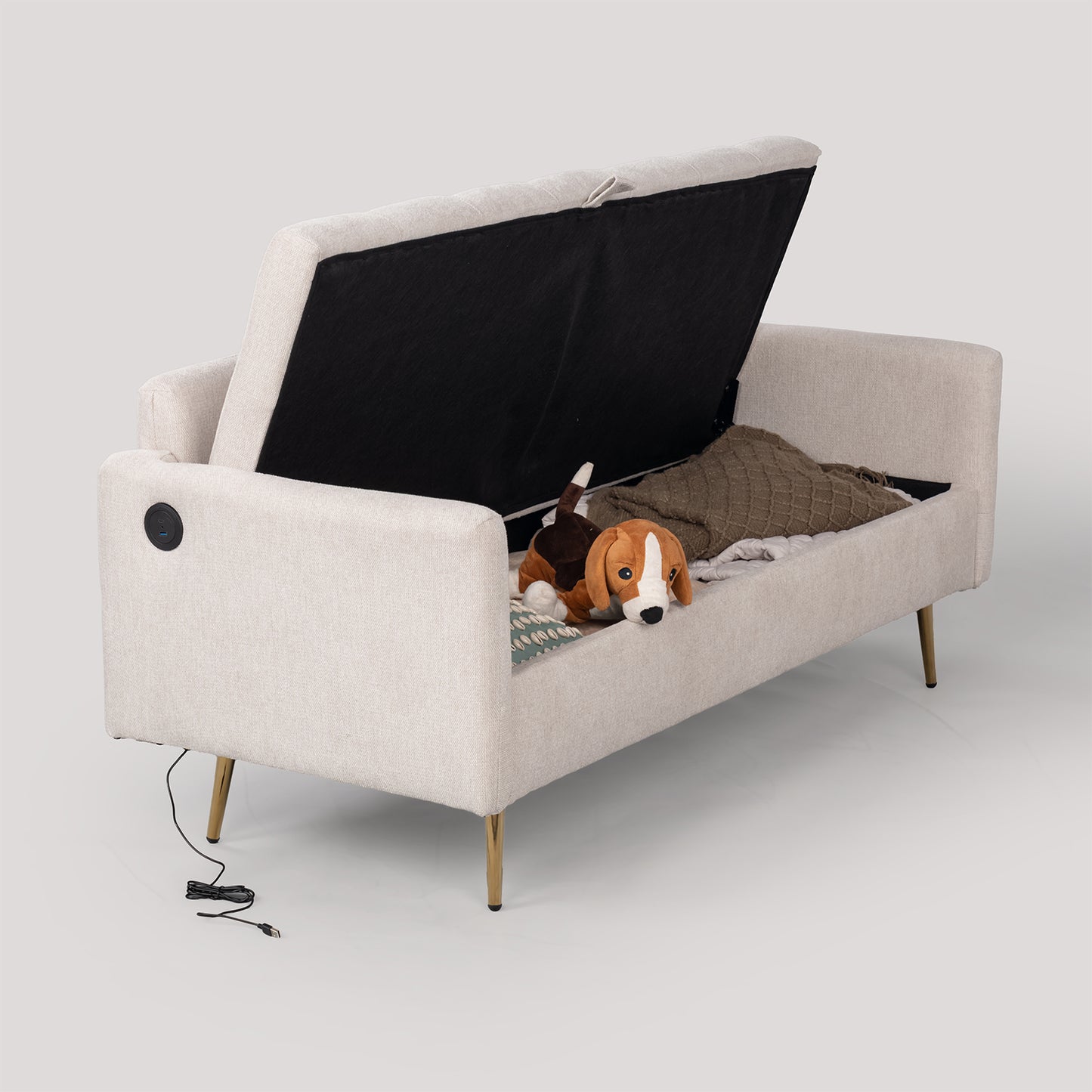 Sofá Moderno con Forma de Tela, Almacenamiento Plegable, Puertos USB y Tipo C para Admitir la Carga, Trae Dos Almohadas Cómodas Adecuado para Salón, Dormitorio etc. (Beige)