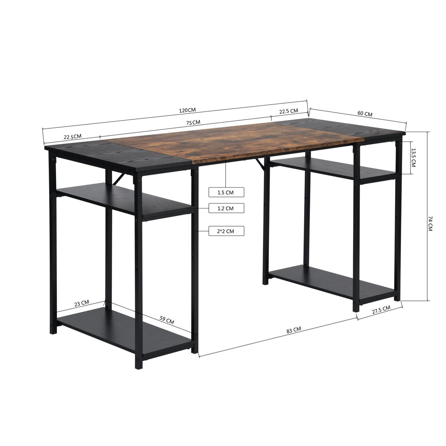 Escritorio con Repisa Inferior, Moderno Escritorio de Metal y Acabados Tipo Madera, Mesa de Trabajo con Estante en Ambos Lados, Ahorro de Espacio Marrón+Negro (120 x 60 x 74cm)