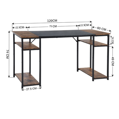 Escritorio con Repisa Inferior Moderno Escritorio de Metal y Acabados Tipo Madera Mesa de Trabajo con Estante en Ambos Lados Ahorro de Espacio Negro Marrón 120 x 60 x 74cm