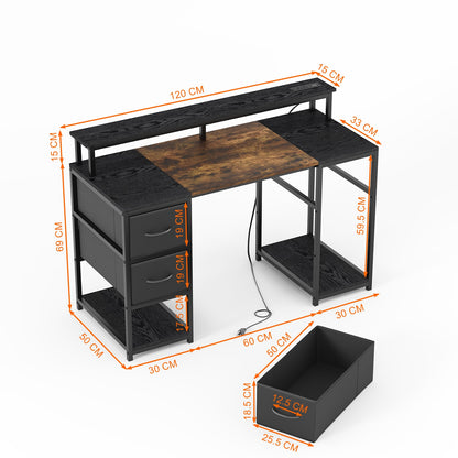 HOMEMAKE FURNITURE Escritorio para Computadora, con Soporte para Monitor, Escritorio con Luz LED y Cajones Ajustables, con Puertos USB, Diseño Moderno, Oficina en Casa o Sala de Estudio, Negro+Marrón