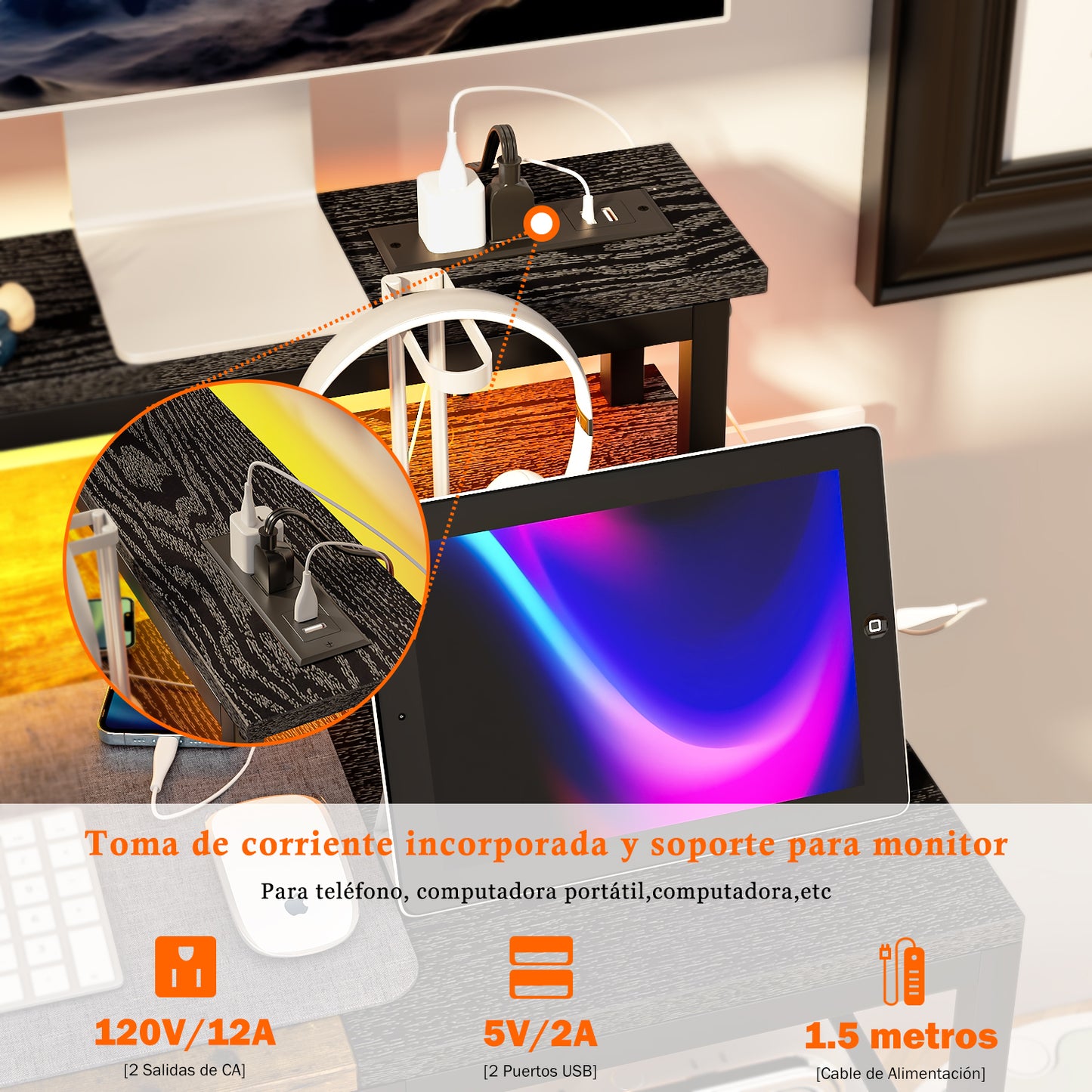 HOMEMAKE FURNITURE Escritorio para Computadora, con Soporte para Monitor, Escritorio con Luz LED y Cajones Ajustables, con Puertos USB, Diseño Moderno, Oficina en Casa o Sala de Estudio, Negro+Marrón