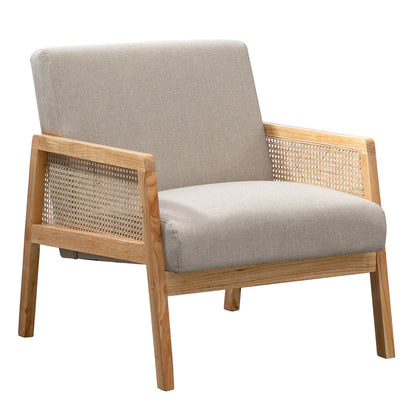 HOMEMAKE FURNITURE Silla Decorativa Malla de Ratán Sillón Individual Moderno Marco de Madera Cojín Cómodo y Extragrueso con Almohadillas para los pies para Sala de Estar Recámara, Beige