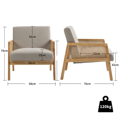 HOMEMAKE FURNITURE Silla Decorativa Malla de Ratán Sillón Individual Moderno Marco de Madera Cojín Cómodo y Extragrueso con Almohadillas para los pies para Sala de Estar Recámara, Beige