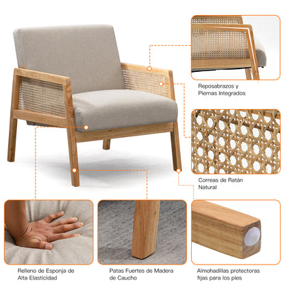 HOMEMAKE FURNITURE Silla Decorativa Malla de Ratán Sillón Individual Moderno Marco de Madera Cojín Cómodo y Extragrueso con Almohadillas para los pies para Sala de Estar Recámara, Beige