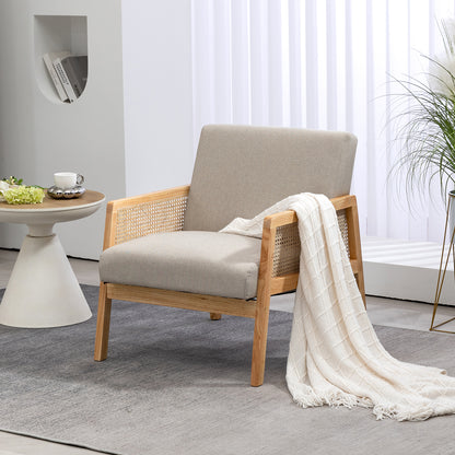 HOMEMAKE FURNITURE Silla Decorativa Malla de Ratán Sillón Individual Moderno Marco de Madera Cojín Cómodo y Extragrueso con Almohadillas para los pies para Sala de Estar Recámara, Beige