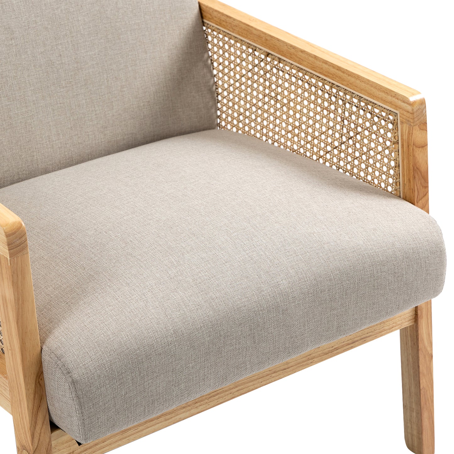 HOMEMAKE FURNITURE Silla Decorativa Malla de Ratán Sillón Individual Moderno Marco de Madera Cojín Cómodo y Extragrueso con Almohadillas para los pies para Sala de Estar Recámara, Beige