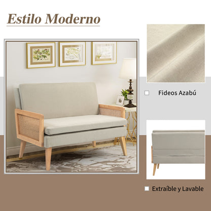 Sofá de Dos Plazas Moderno, Silla Decorativa Malla de Ratán, Marco de Madera, Cojín Cómodo y Extragrueso, con Almohadillas para los pies, para Sala de Estar, Recámara, Beige