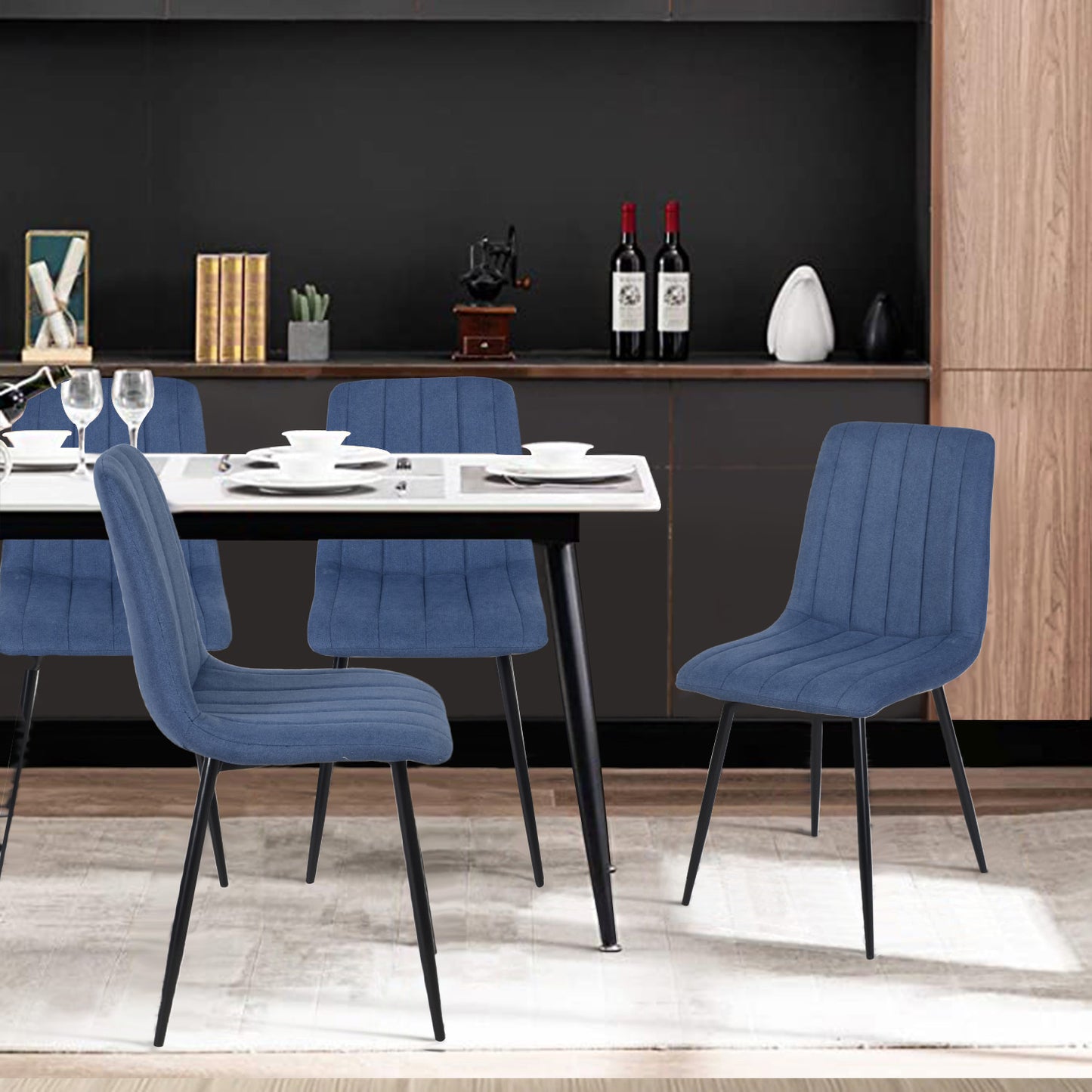 Juego de 4 Sillas para Comedor, Asiento Tapizado con Respaldo, Pies Estables de Metal, Diseño Elegante para Cocina y Dormitorio, Azul