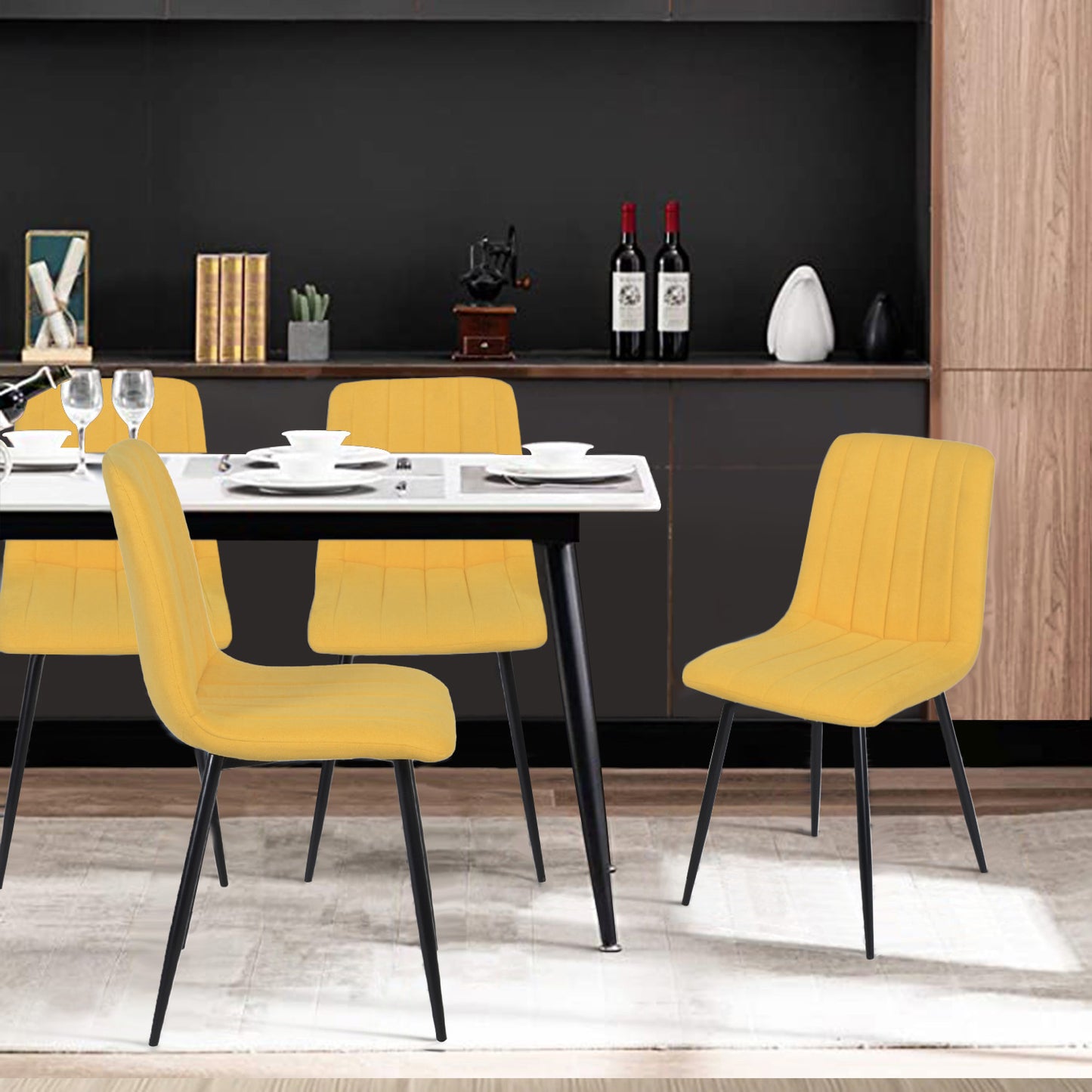 Juego de 4 Sillas para Comedor, Asiento Tapizado con Respaldo, Pies Estables de Metal, Diseño Elegante para Cocina y Dormitorio, Amarillo