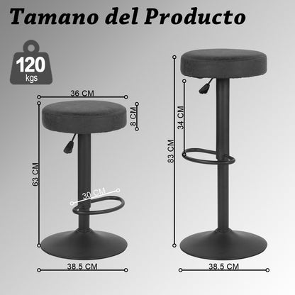 HOMEMAKE FURNITURE Set de 2 Bancos para Barra de Cocina Taburetes de Bar Giratorios 360° Altura Ajustable Tela Impermeable Vintage Bancos Altos con Reposapiés para Cocina Bar y Desayunador, Negro