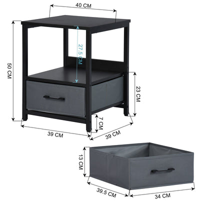 HOMEMAKE FURNITURE Burós Mesita de Noche Mesita Auxiliar con Cajón Extraíble de Bolsillo de Tela para Dormitorio y Salón Negro - HOMEMAKE