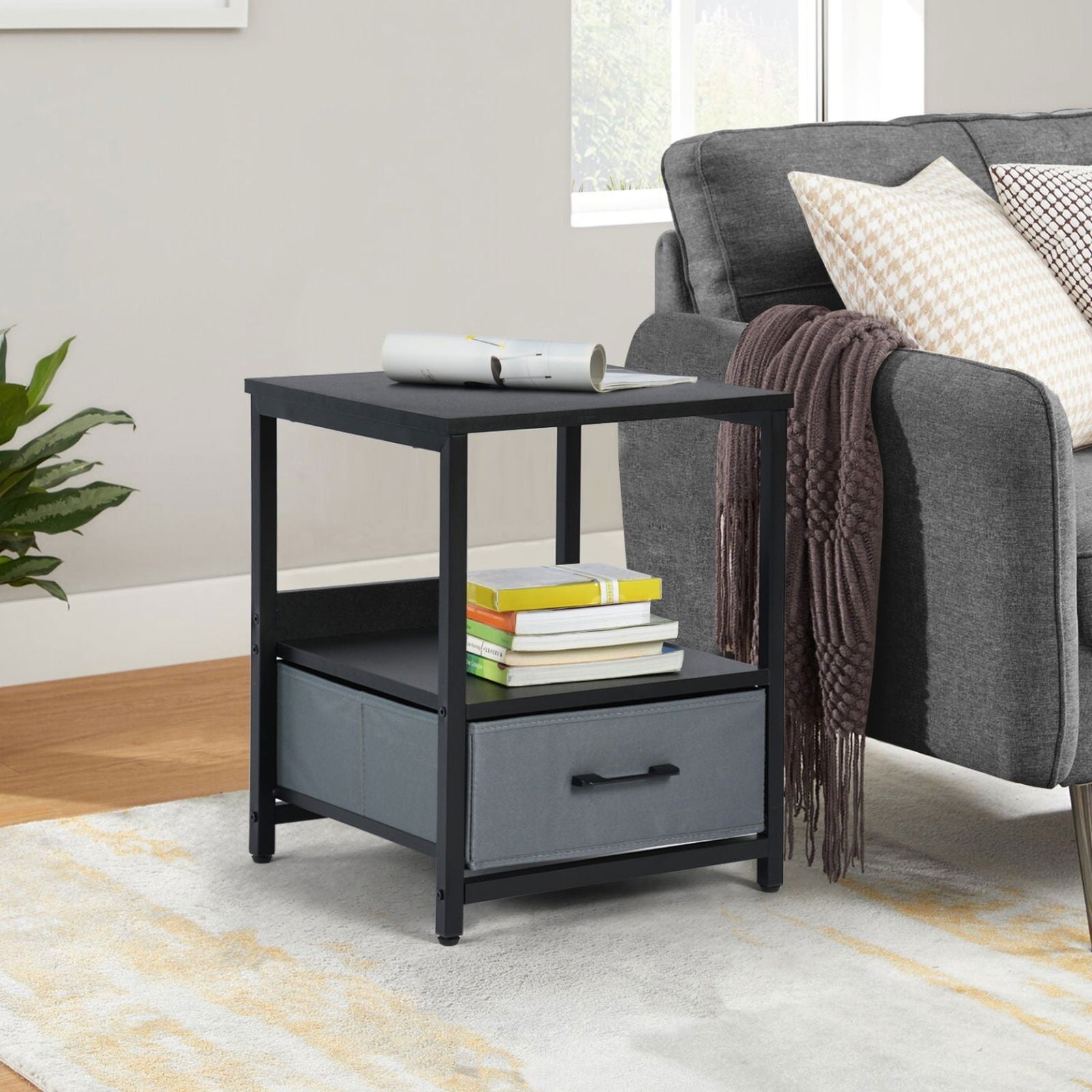 HOMEMAKE FURNITURE Burós Mesita de Noche Mesita Auxiliar con Cajón Extraíble de Bolsillo de Tela para Dormitorio y Salón Negro - HOMEMAKE