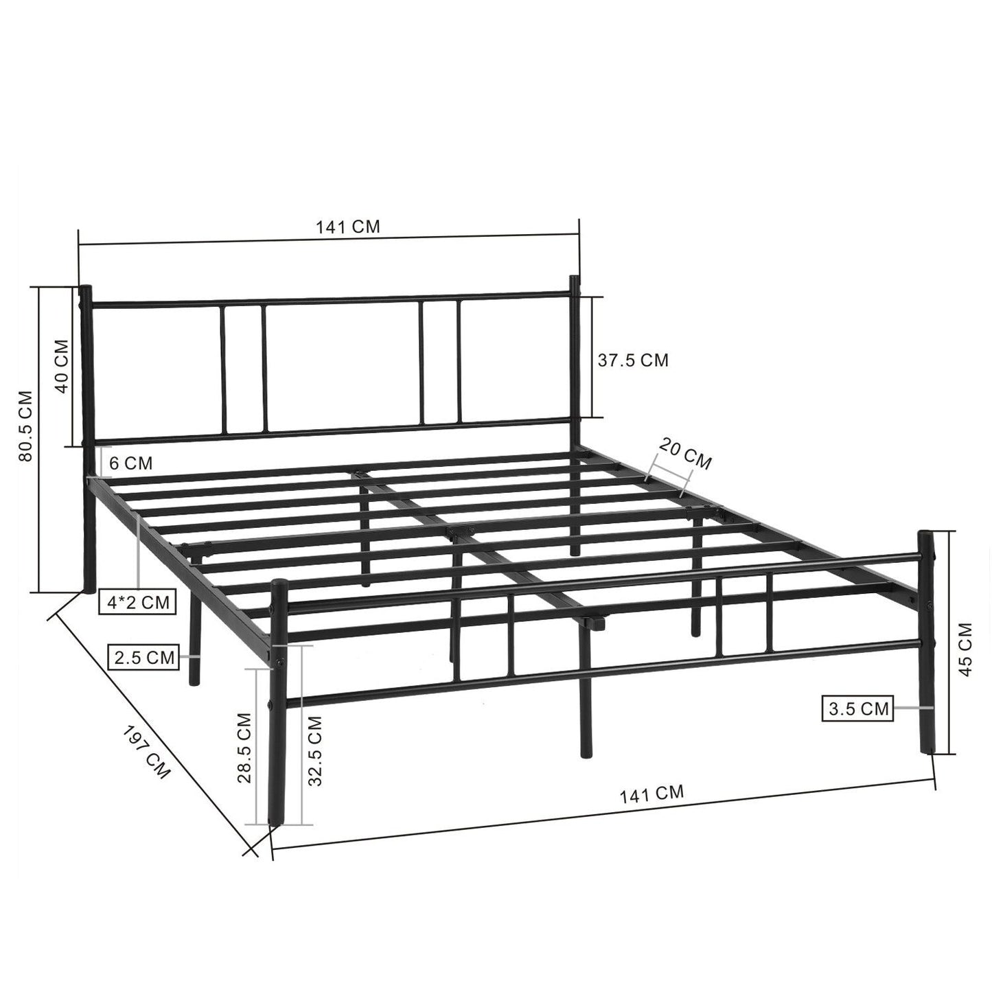 HOMEMAKE FURNITURE Cama Queen Armazón de Cama de Metal de fácil Montaje Estructura de Cama de Metal con Cabecero Base de colchón Antideslizante 197 x 141.5cm - HOMEMAKE