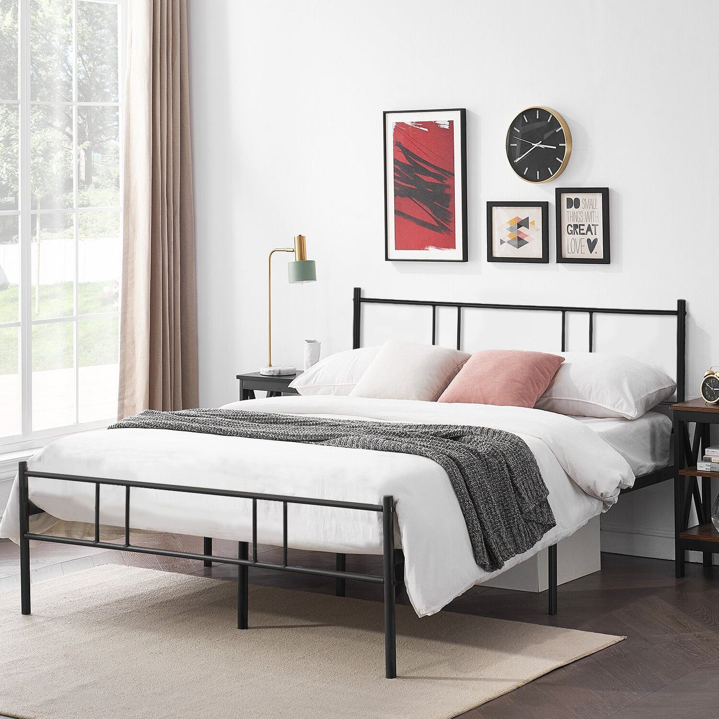 HOMEMAKE FURNITURE Cama Queen Armazón de Cama de Metal de fácil Montaje Estructura de Cama de Metal con Cabecero Base de colchón Antideslizante 197 x 141.5cm - HOMEMAKE