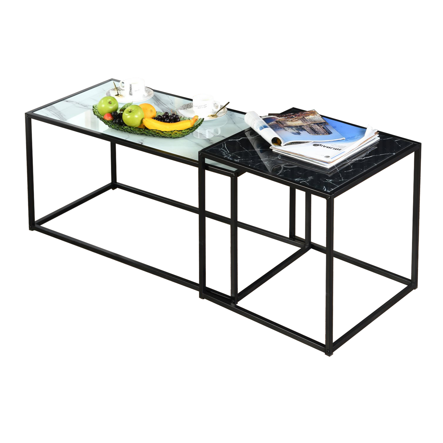 HOMEMAKE FURNITURE Conjunto de 2 Mesas de Centro, Una Mesa Cuadrada Alta y Una Mesa Rectangular Baja, Mesas Auxiliares Anidadas para Espacios Interiores En Hogares y Oficinas, Negro y Blanco. - HOMEMAKE