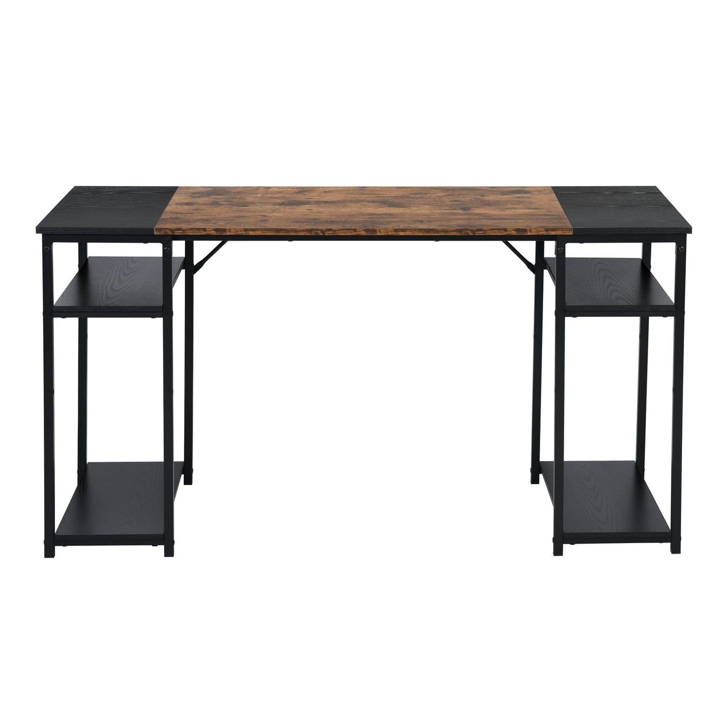 HOMEMAKE FURNITURE Escritorio con Repisa Inferior Ajustable, Moderno Escritorio de Metal y Acabados Tipo Madera Mesa de Trabajo con Estante en Ambos Lados Ahorro de Espacio Negro+Marrón 140x60x74cm - HOMEMAKE