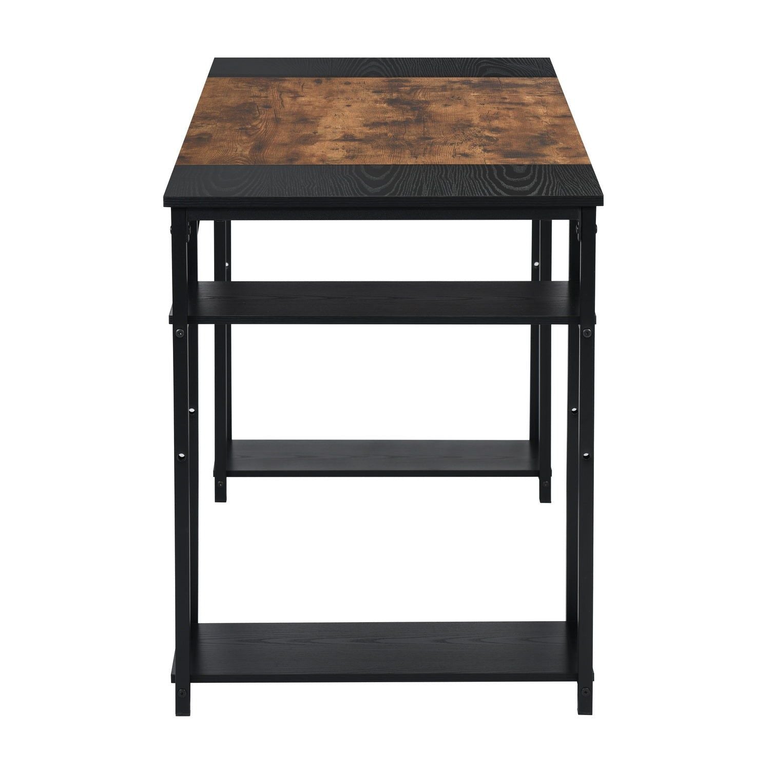 HOMEMAKE FURNITURE Escritorio con Repisa Inferior Ajustable, Moderno Escritorio de Metal y Acabados Tipo Madera Mesa de Trabajo con Estante en Ambos Lados Ahorro de Espacio Negro+Marrón 140x60x74cm - HOMEMAKE