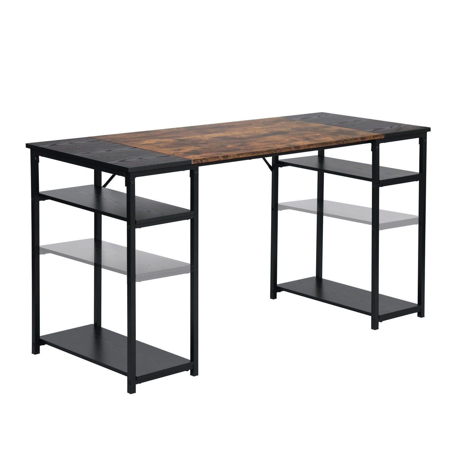 HOMEMAKE FURNITURE Escritorio con Repisa Inferior Ajustable, Moderno Escritorio de Metal y Acabados Tipo Madera Mesa de Trabajo con Estante en Ambos Lados Ahorro de Espacio Negro+Marrón 140x60x74cm - HOMEMAKE