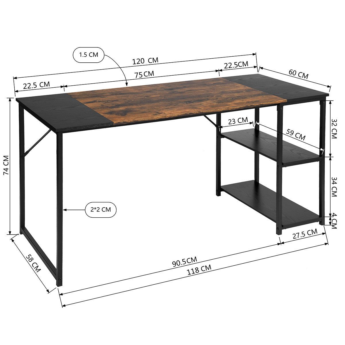 HOMEMAKE FURNITURE Escritorio con Repisa Inferior Moderno Escritorio de Metal y Acabados Tipo Madera Mesa de Trabajo con Estante en Ambos Lados Ahorro de Espacio Negro Marrón 120 x 60 x 74cm - HOMEMAKE