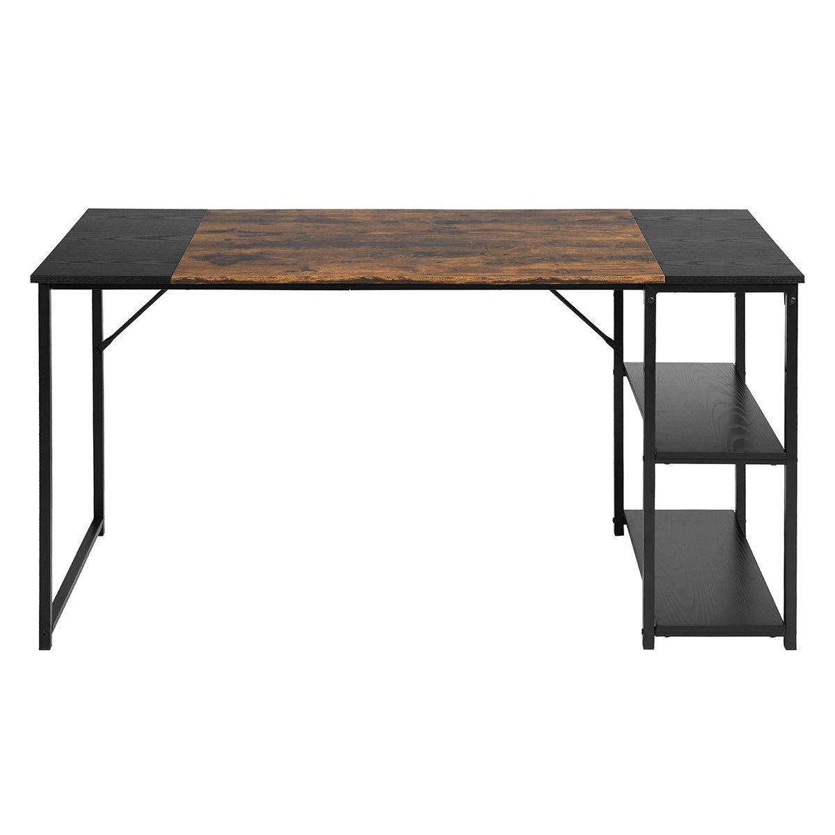 HOMEMAKE FURNITURE Escritorio con Repisa Inferior Moderno Escritorio de Metal y Acabados Tipo Madera Mesa de Trabajo con Estante en Ambos Lados Ahorro de Espacio Negro Marrón 120 x 60 x 74cm - HOMEMAKE