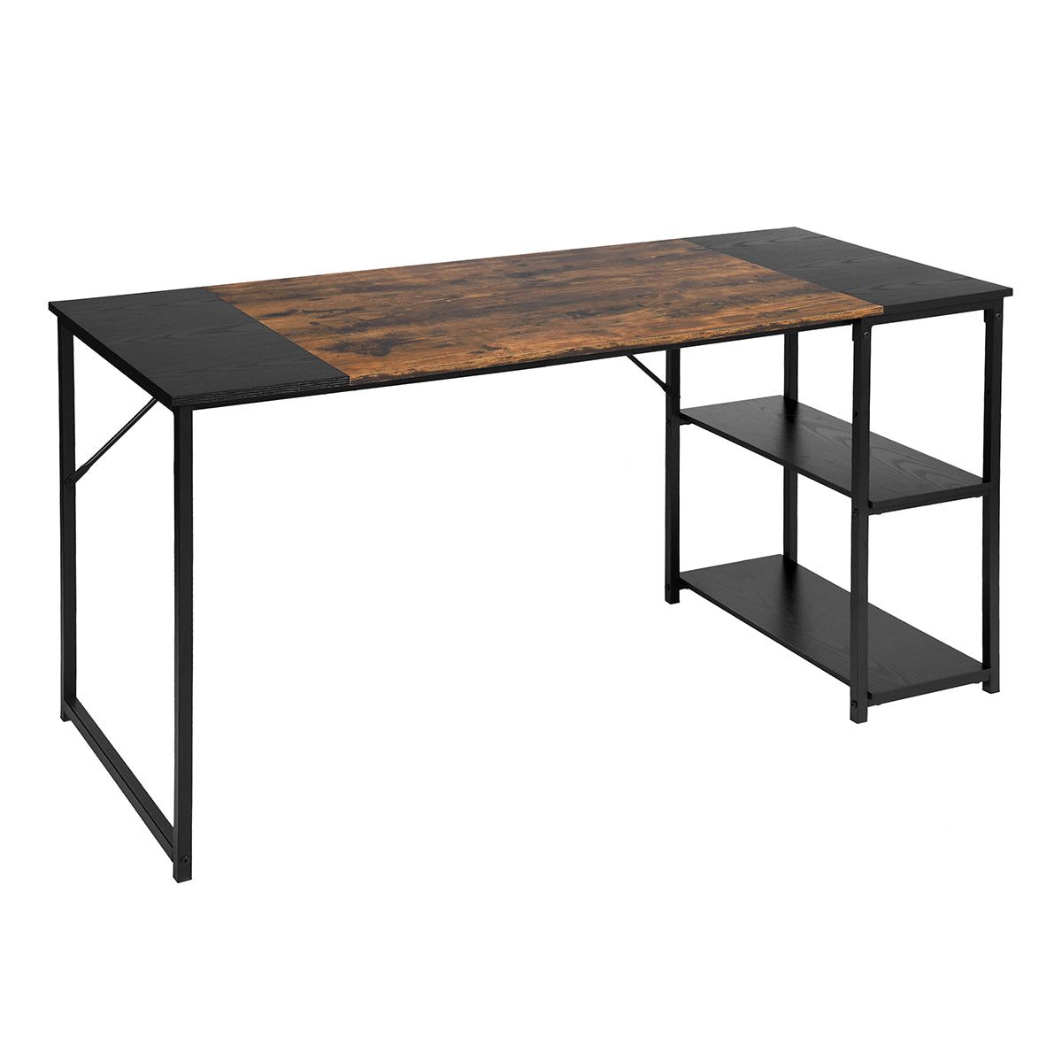 HOMEMAKE FURNITURE Escritorio con Repisa Inferior Moderno Escritorio de Metal y Acabados Tipo Madera Mesa de Trabajo con Estante en Ambos Lados Ahorro de Espacio Negro Marrón 120 x 60 x 74cm - HOMEMAKE