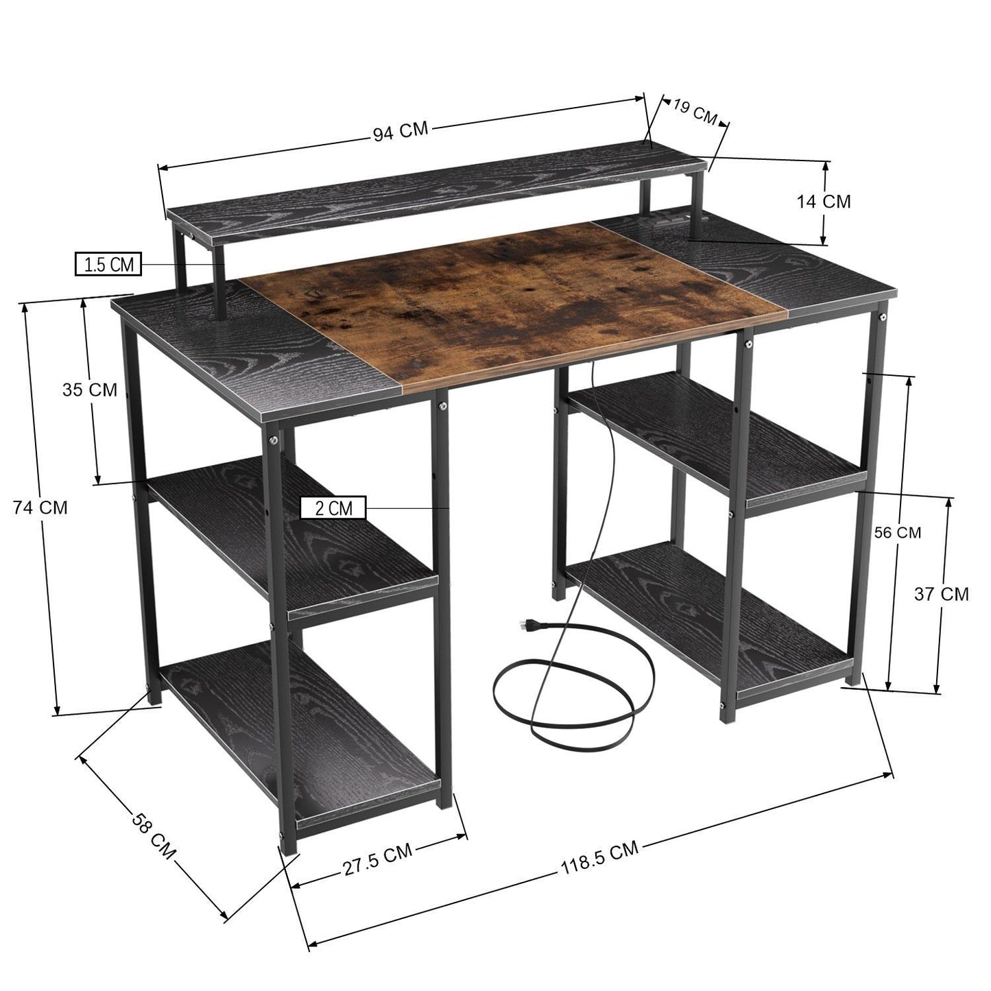 HOMEMAKE FURNITURE Escritorio con Repisa Inferior, con Puertos USB, Mesa de Trabajo con Estante en Ambos Lados, Escritorio de Oficina en Casa con Soporte para Monitor, Vintage, 120 x 60 x 88cm - HOMEMAKE