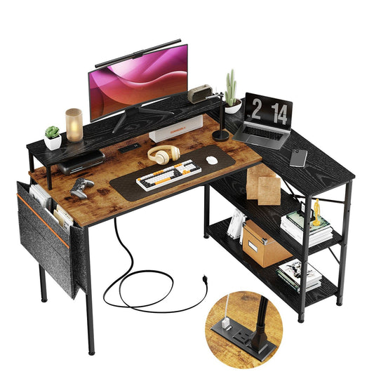 HOMEMAKE FURNITURE Escritorio para Computadora en Forma de L con Estantes, con Puertos USB y Bolsa de Almacenamiento, Escritorio de Oficina en Casa con Soporte para Monitor, 120x83x88cm(Marrón+Negro) - HOMEMAKE