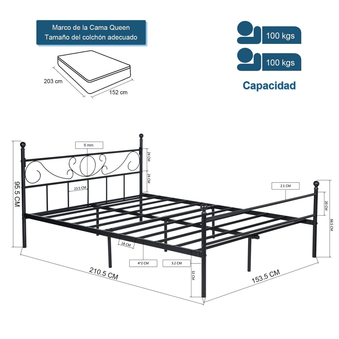 HOMEMAKE FURNITURE Marco de Cama de Metal, Base de Cama Negro, No Necesita Somier, Almacenamiento Debajo de la Cama, Fácil de Montar, Queen 210.5 x 153.5cm - HOMEMAKE