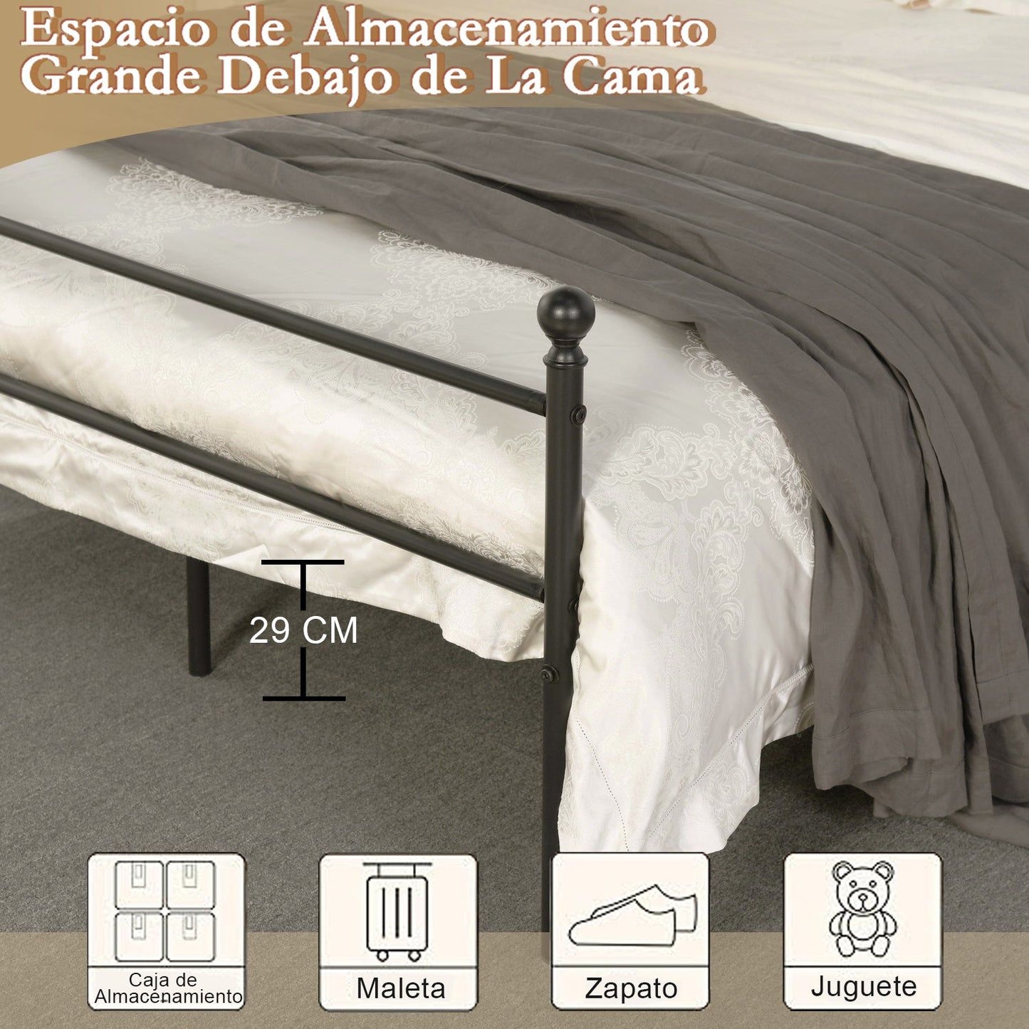 HOMEMAKE FURNITURE Marco de Cama de Metal, Base de Cama Negro, No Necesita Somier, Almacenamiento Debajo de la Cama, Fácil de Montar, Queen 210.5 x 153.5cm - HOMEMAKE