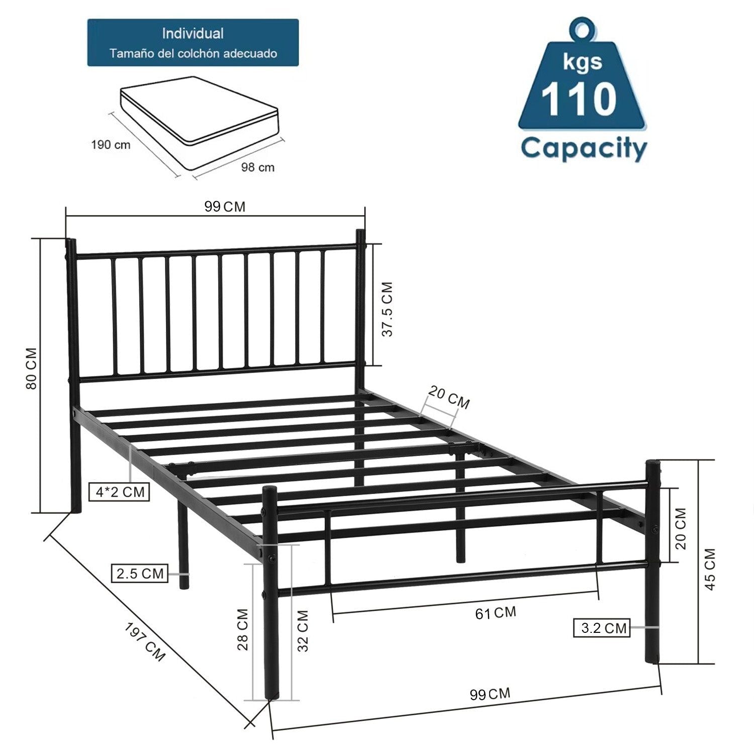 HOMEMAKE FURNITURE Marco de Cama de Metal, Cama Individual, Somier Individual Base de Cama, No Necesita Somier, Estilo Minimalista Moderno. Twin 197 x 99cm Negro - HOMEMAKE