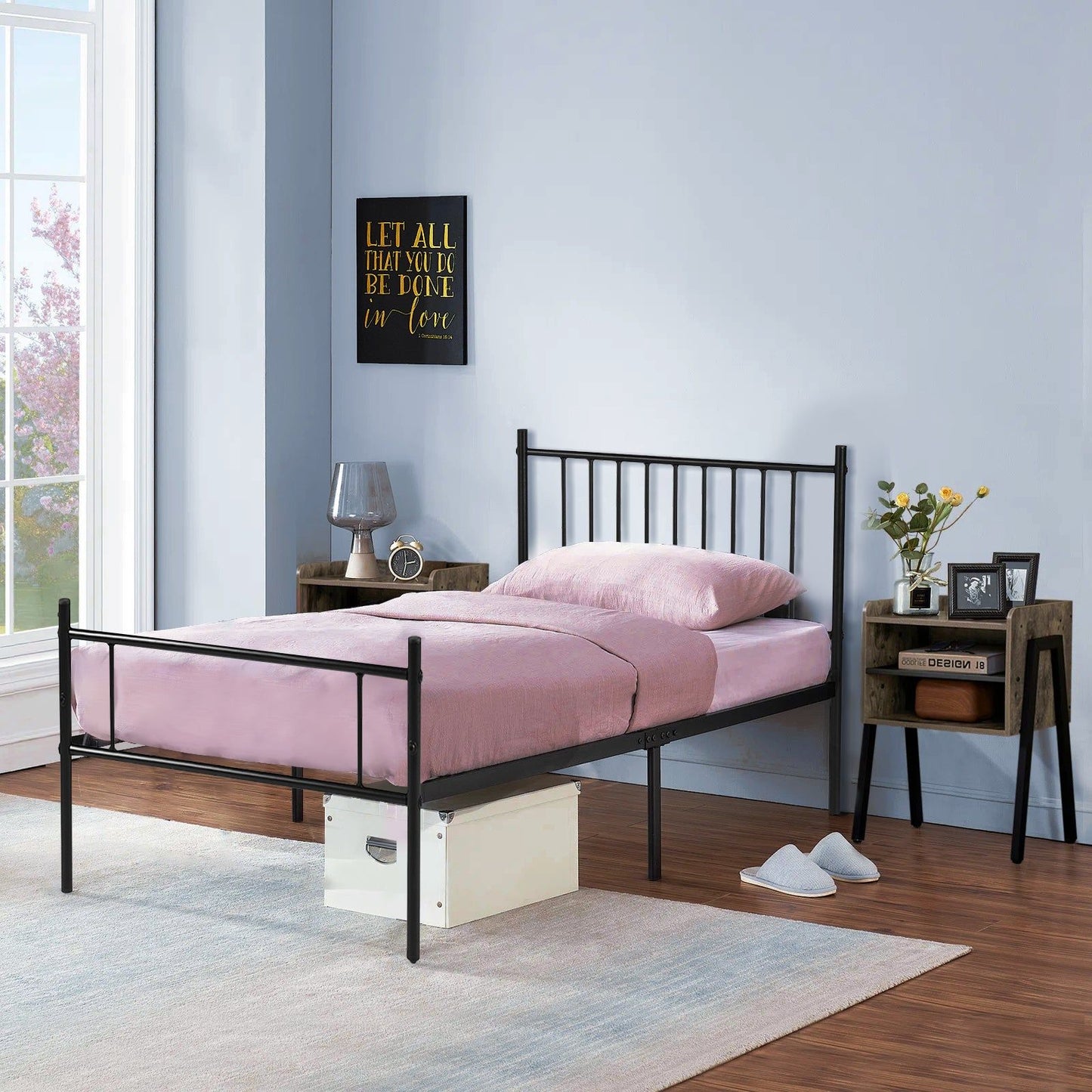 HOMEMAKE FURNITURE Marco de Cama de Metal, Cama Individual, Somier Individual Base de Cama, No Necesita Somier, Estilo Minimalista Moderno. Twin 197 x 99cm Negro - HOMEMAKE