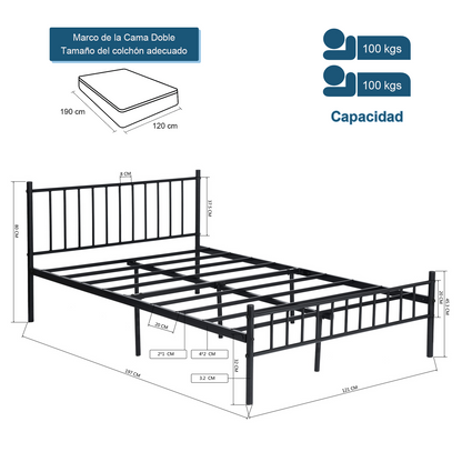 HOMEMAKE FURNITURE Marco de Cama de Metal Individua Armazón de Base de Cama de Fácil Montaje Estructura de Cama de Metal con Cabecero Base de colchón Antideslizante 197x121cm - HOMEMAKE