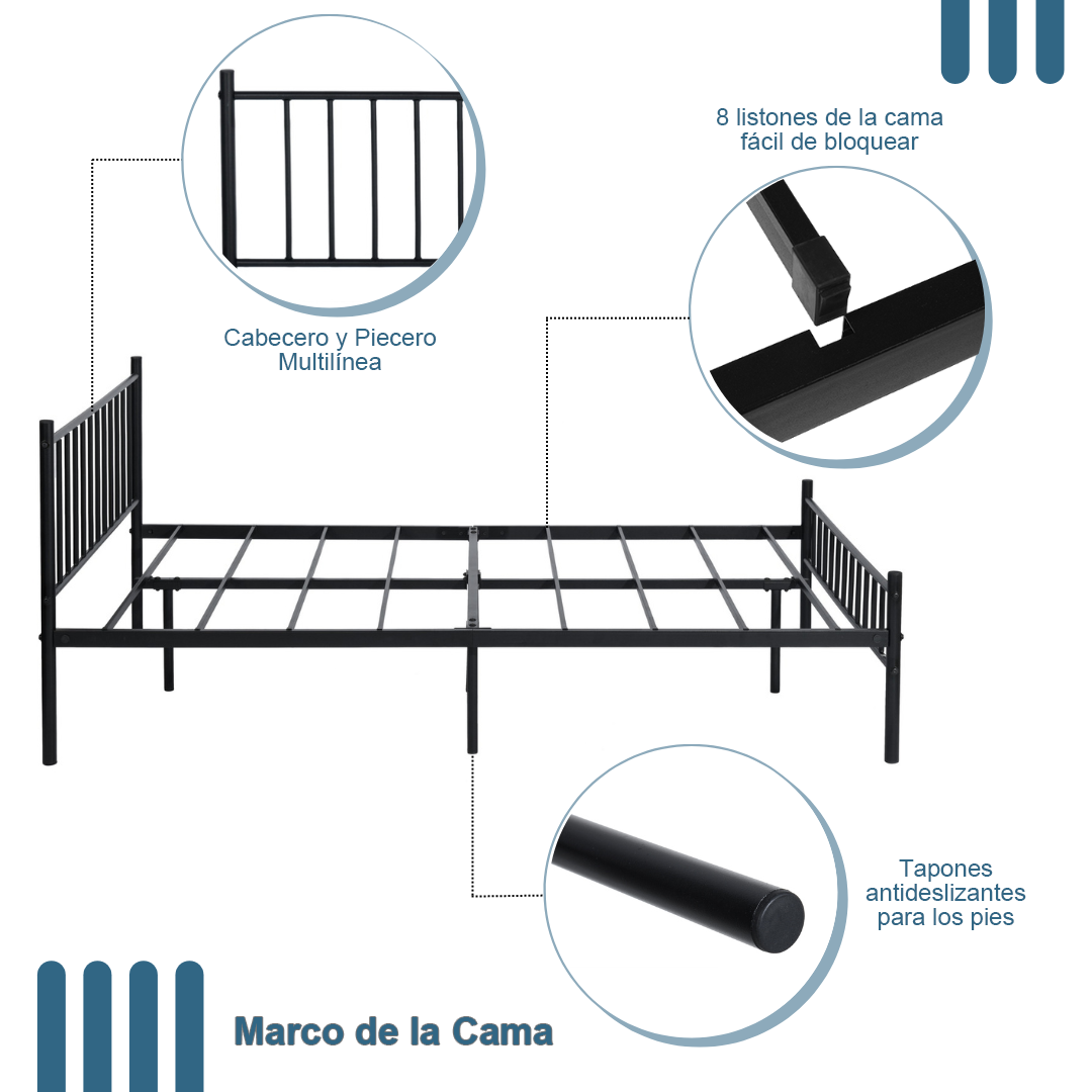 HOMEMAKE FURNITURE Marco de Cama de Metal Individua Armazón de Base de Cama de Fácil Montaje Estructura de Cama de Metal con Cabecero Base de colchón Antideslizante 197x121cm - HOMEMAKE