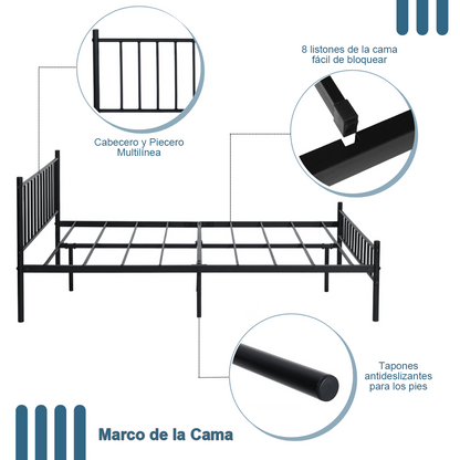 HOMEMAKE FURNITURE Marco de Cama de Metal Individua Armazón de Base de Cama de Fácil Montaje Estructura de Cama de Metal con Cabecero Base de colchón Antideslizante 197x121cm - HOMEMAKE