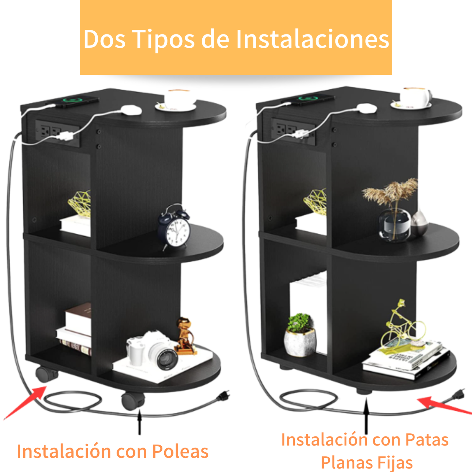 HOMEMAKE FURNITURE Mesa Auxiliar con Ruedas, Mesita de Noche con Almacenamiento, Ruedas a Juego y Pies Ajustables, con estación de Carga y Puertos USB, para Espacios Pequeños, Buró para Recámara - HOMEMAKE