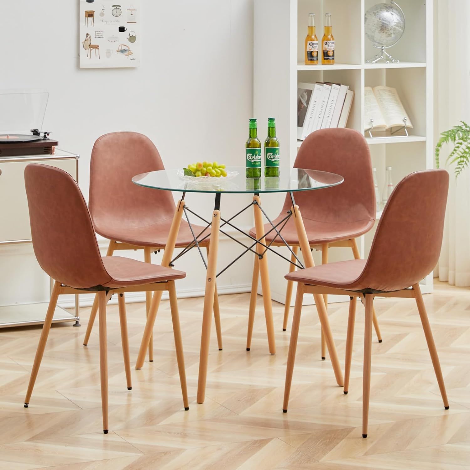 HOMEMAKE FURNITURE Mesa Comedor Redond, Comedor Mesa de Cristal, Antecomedor Mesa Eames Redonda, Desayunador para 2-4 Personas Mesa, para Hogar y Mesa de Trabajo para Oficina (Cristal+Base Natural) - HOMEMAKE