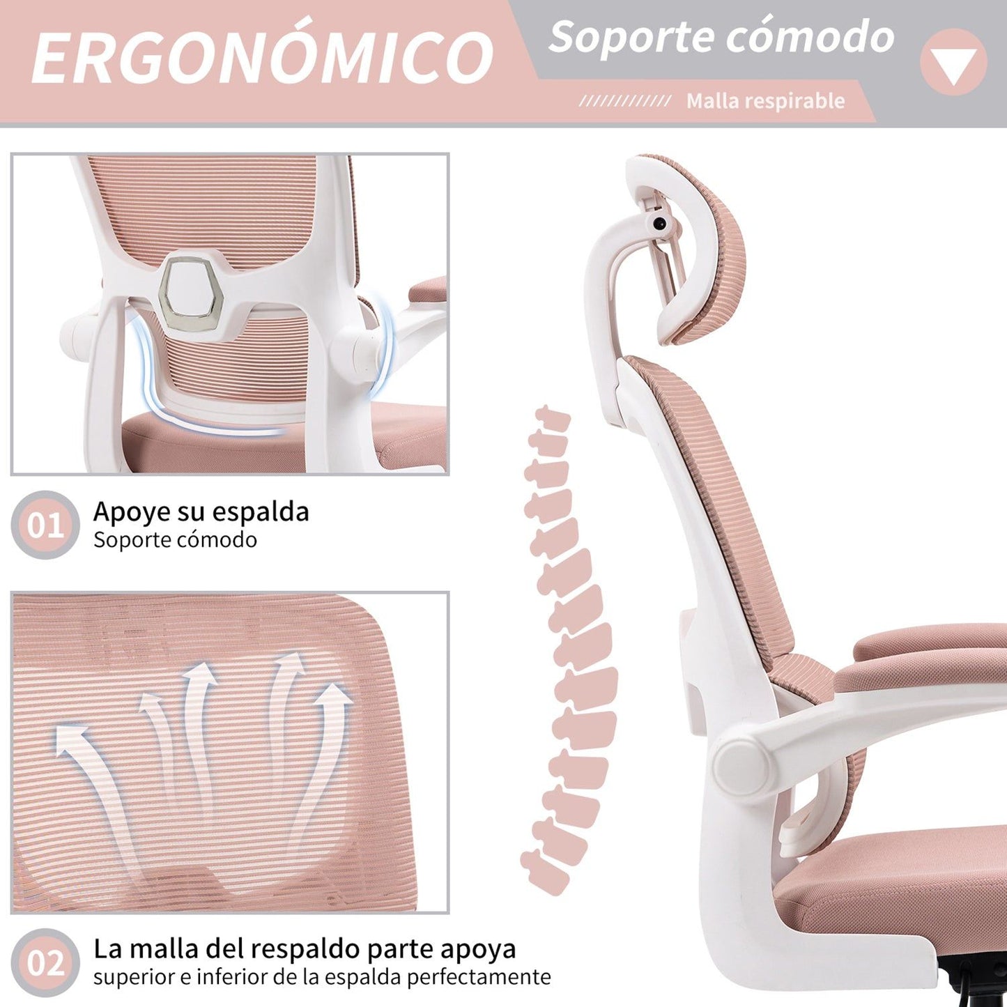 HOMEMAKE FURNITURE Silla Oficina ergonómica de Respaldo Alto con Soporte Lumbar Ajustable Altura reclinable descansabrazos Ajustables Silla Gamer sillas para Escritorio Silla ergonomica Rosa - HOMEMAKE