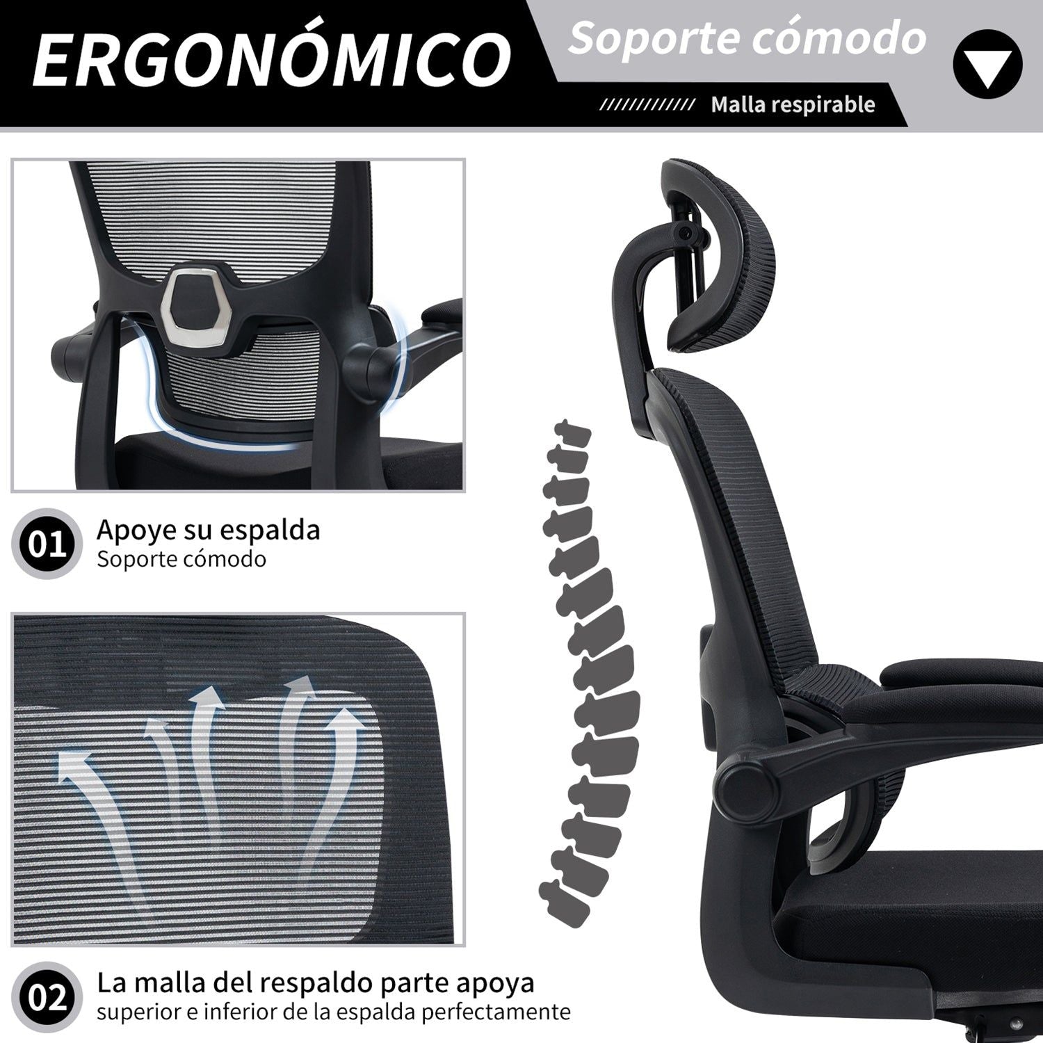 HOMEMAKE FURNITURE Silla Oficina ergonómica de Respaldo Alto con Soporte Lumbar Ajustable Altura reclinable descansabrazos Ajustables Silla Gamer sillas para Escritorio Silla ergonomica Negro - HOMEMAKE