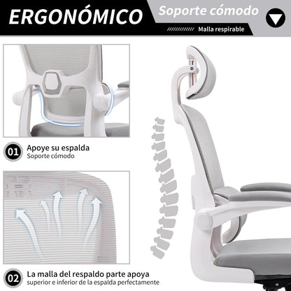 HOMEMAKE FURNITURE Silla Oficina ergonómica de Respaldo Alto con Soporte Lumbar Ajustable Altura reclinable descansabrazos Ajustables Silla Gamer sillas para Escritorio Silla ergonomica Gris - HOMEMAKE