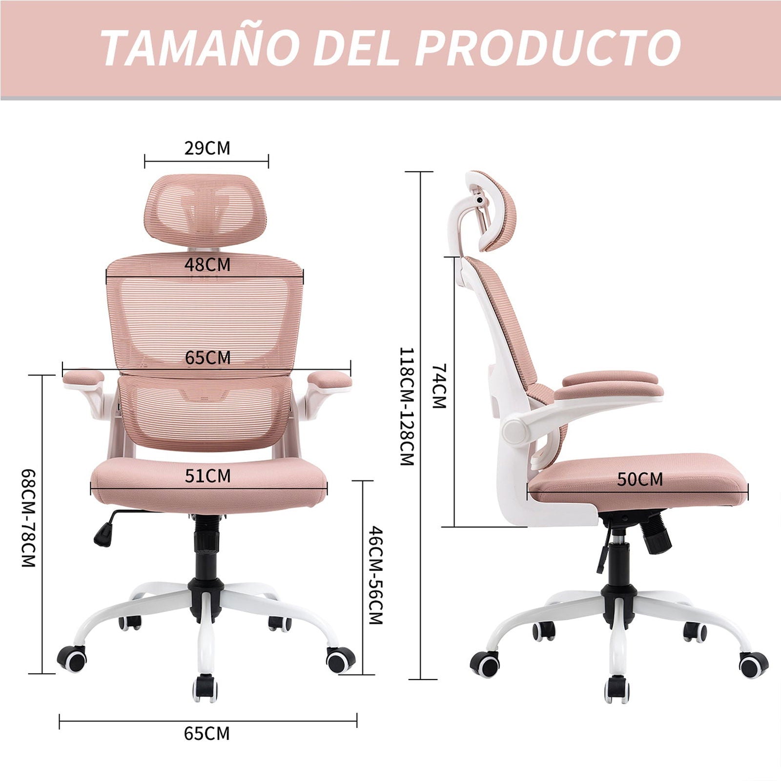 HOMEMAKE FURNITURE Silla Oficina ergonómica de Respaldo Alto con Soporte Lumbar Ajustable Altura reclinable descansabrazos Ajustables Silla Gamer sillas para Escritorio Silla ergonomica Rosa - HOMEMAKE