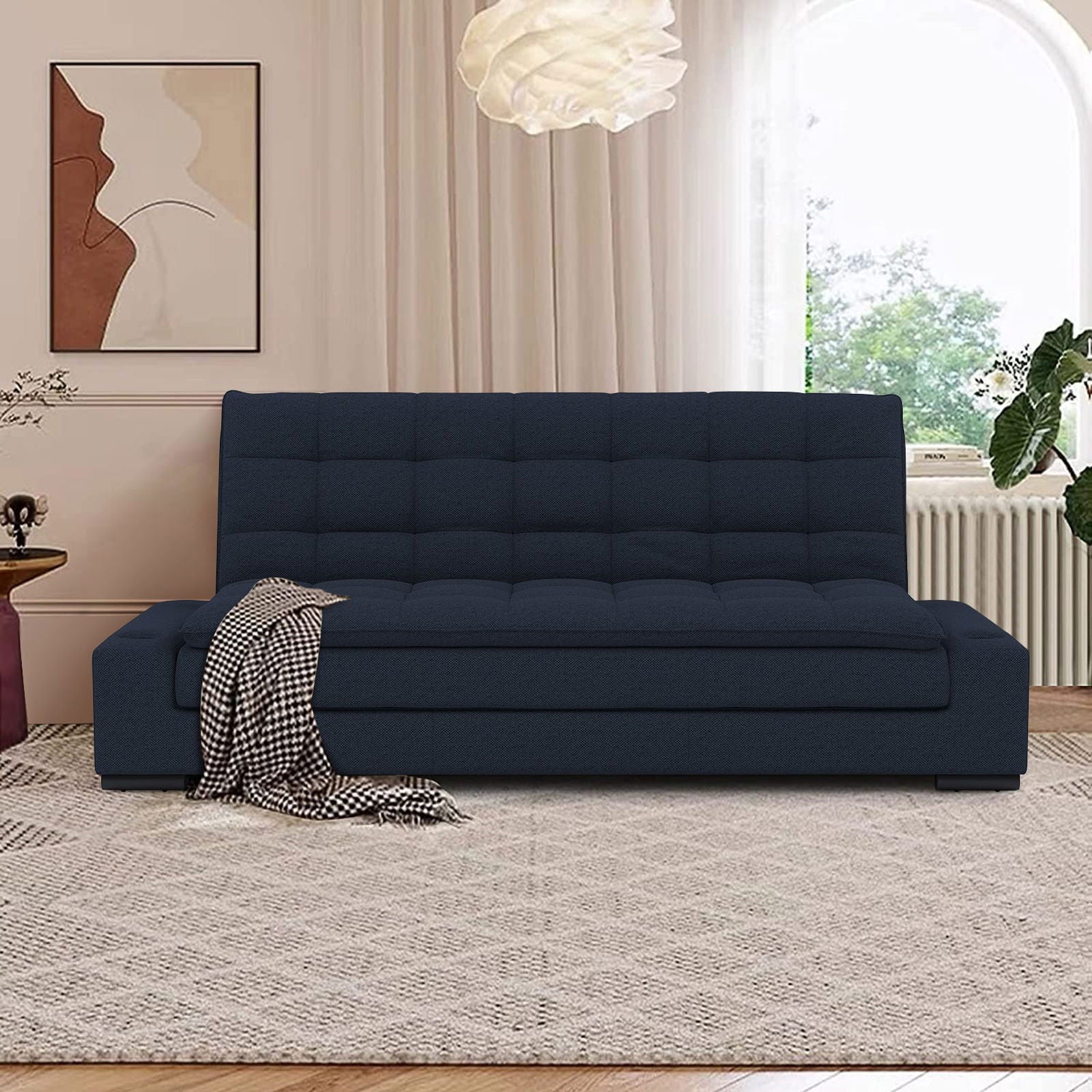 HOMEMAKE FURNITURE Sofá Cama Matrimonial Multifunción cojín de Respaldo Reversible Sofa de Sala, Sofá Cama Convertible, 2 Portavasos (Azul) - HOMEMAKE