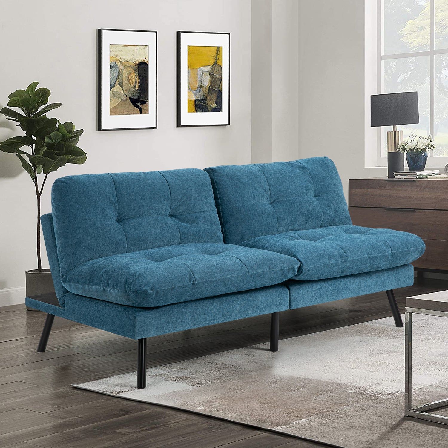 HOMEMAKE FURNITURE Sofá Cama de 2 Plazas, Futon de Estilo Moderno, con Respaldo Doble Ajustable de 120 a 180 Grados, Salas de Estar y Dormitorios,Tela de Lino, Azul - HOMEMAKE