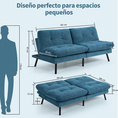 HOMEMAKE FURNITURE Sofá Cama de 2 Plazas, Futon de Estilo Moderno, con Respaldo Doble Ajustable de 120 a 180 Grados, Salas de Estar y Dormitorios,Tela de Lino, Azul - HOMEMAKE