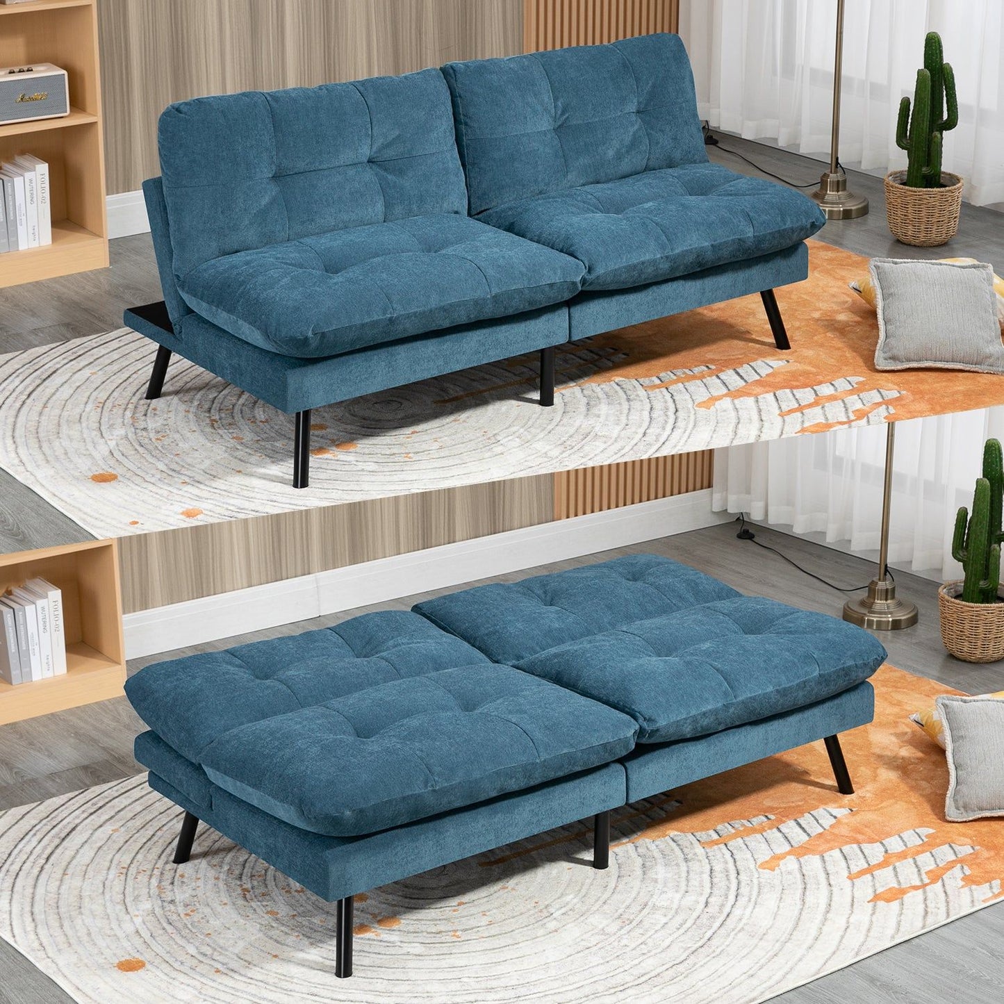 HOMEMAKE FURNITURE Sofá Cama de 2 Plazas, Futon de Estilo Moderno, con Respaldo Doble Ajustable de 120 a 180 Grados, Salas de Estar y Dormitorios,Tela de Lino, Azul - HOMEMAKE